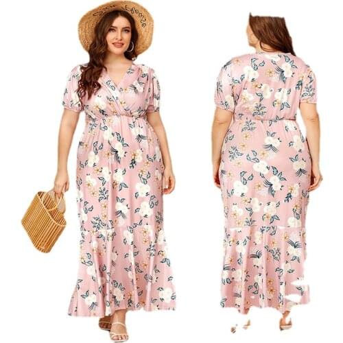 2021 Summer New Bohemian Flower Print Elastic Waist Plus Size Womens Fishtail Dress Ropa Mujer Talla Grande