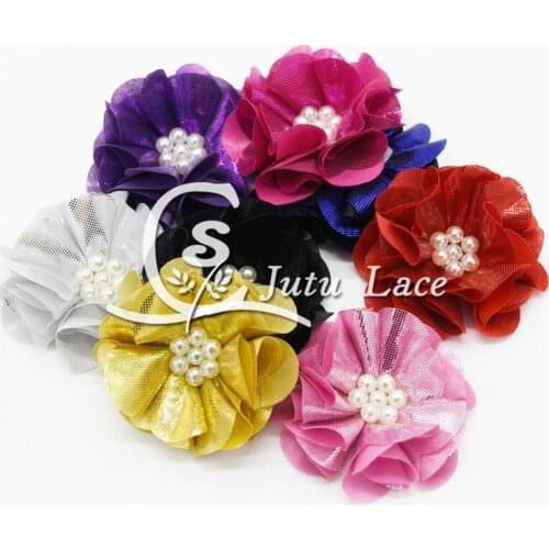 30 pcs/lot , 2.5'' shiny pearl flower , shabby shiny flower with pearl for headband hair apparel accessories
