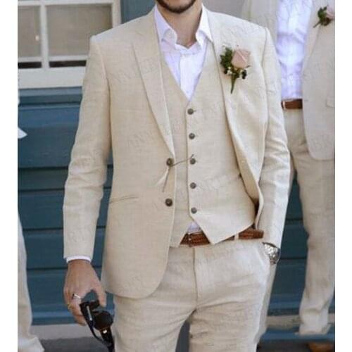 ANNIEBRITNEY Latest Coat Pant Designs Linen Ivory Men Suits Blazer Wedding Suits Tuxedos Peaked Lapel Bridegroom Best Man Suits