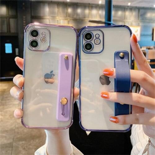 Candy Color Plating Clear Phone Case For iPhone 11 12 Pro Max Mini X XR XS Max 7 8 Plus SE 2020 Wrist Band Soft TPU Back Cover