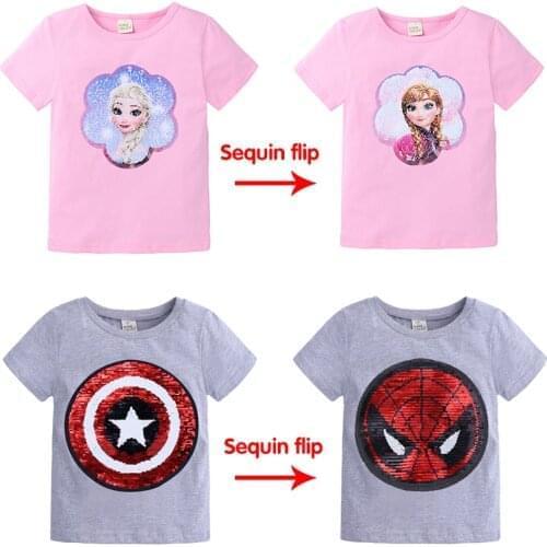 Disney Children Solid T-shirt Embroidered Patch Stickers Clothing Frozen/Spider-Man Double-sided Sequin flip clothes
