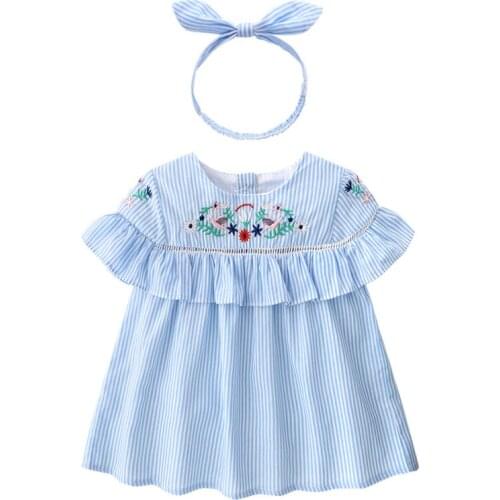 New summer Baby girl 1-3 years girl refreshing blue and white strip embroidered cotton dress + hair band toddler girl dresses