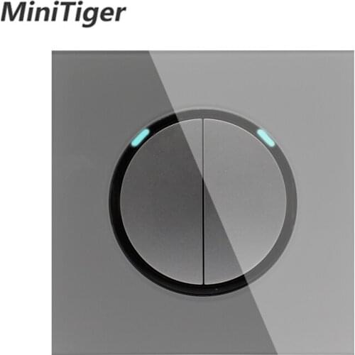Minitiger 2 Gang 1 Way Random Click On / Off Wall Light Switch With LED Indicator Knight Gray Crystal Tempered Glass Panel