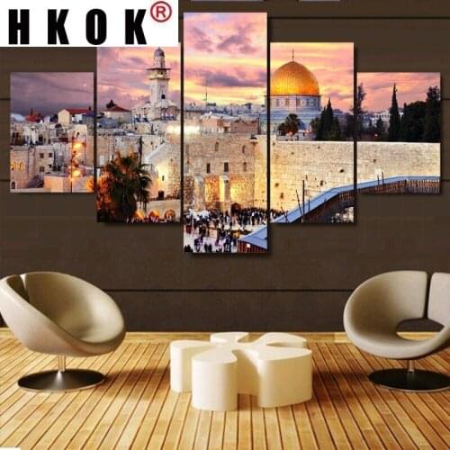 HKOK Jerusalem Modular Pictures 5 pcs Islam Islamic City Poster Wall Art Modular Paintings For Kitchen Wall Pictures home decor