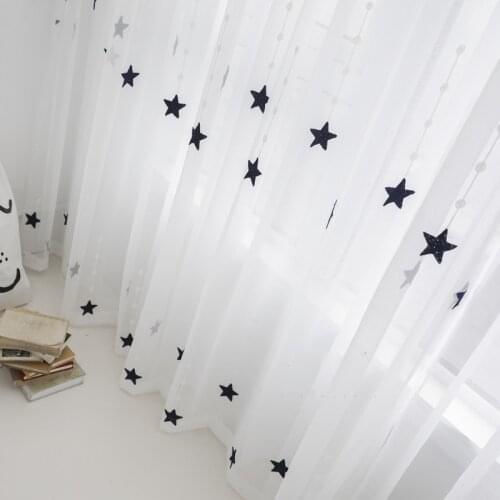 Cartoon Navy/ Pink Embroidered Cotton Star Tulle Curtains for Living Room Childrens Bedroom Window Screen Sheer Yarn Drapes