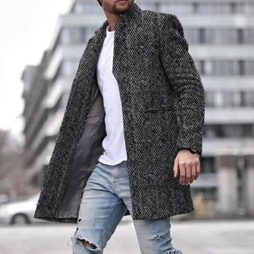 Men Trench Coat Mens Solid Color Windbreaker Long-length Coat Lapel Collar Long Sleeve Warm Autumn Winter