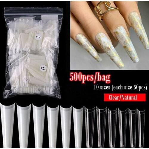 504pcs Xxl False Nails Tip C Curve Coffin Tips Long Half Cover Nails Manicure 10 Size Acrylic Extension System Press On Nail Diy