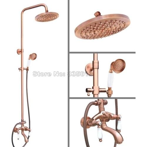 Wall Mounted 7.7" Shower Head Rain Shower Faucet Set /Bathroom Antique Red Copper Dual Ceramic Handles Bathtub Mixer Tap Wrg566