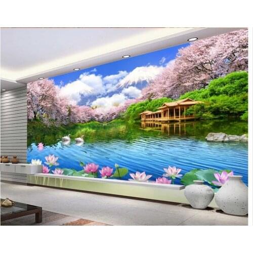 Custom 3d wallpaper wall mural photo wallpaper Sakura scenery Swan TV background wall living 3d wallpaper