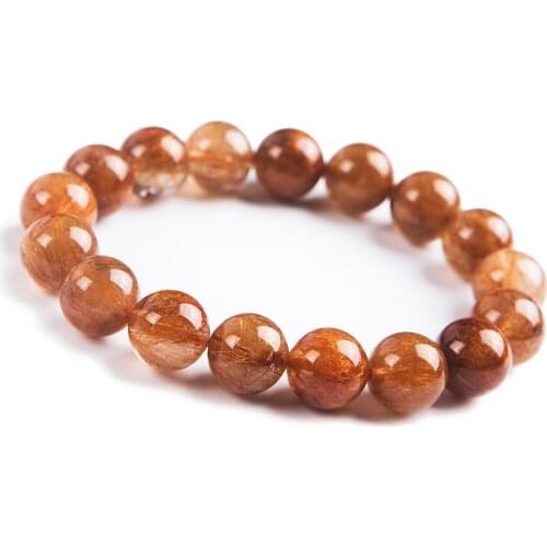 Natural Genuine Copper Needle Rutilated Quartz Crystal Round Beads Womens Nice Bracelet 12MM