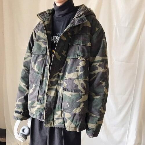 New Winter Men Clothes Cotton Padded Loose Warm Camouflage Jacket Casual Thick Hooded Plus Size Japanese Streetwear KK3100
