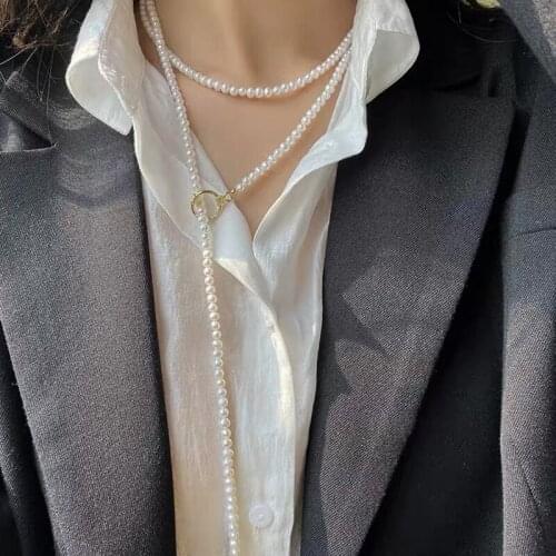 Summer Womens Pearl Necklace Sweater Chain French Natural Freshwater Pearl Multilayer Long Sweater Chain Necklace Women