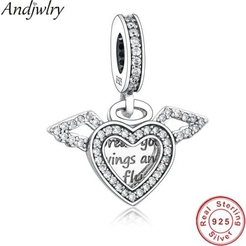Fit Original Pandora Charms Bracelet 925 Sterling Silver Heart and Angel Wings Dangle Pendant Charm 925 Silver Berloque Beads