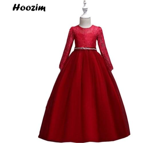 Luxury Lace Long Sleeve Tulle Fluffy Gala And Wedding Dresses Girls 6-15 Years White Rhinestone Belt Prom And Soiree Dress Teen