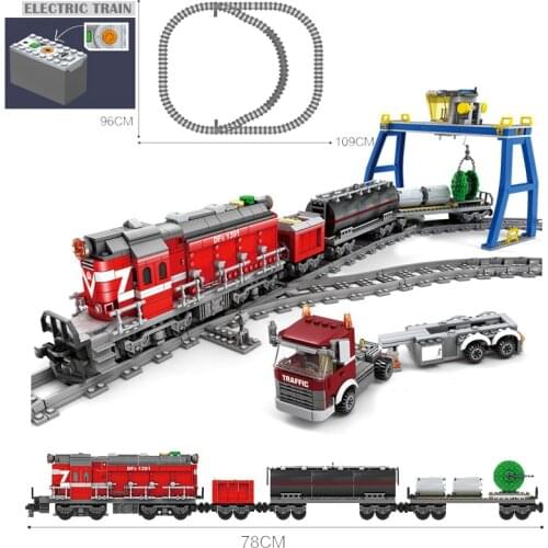 KAZI Battery Powered Electric City Train Rail Cargo Set Building Blocks Bricks Christmas Gift DIY Toys For Children Boys