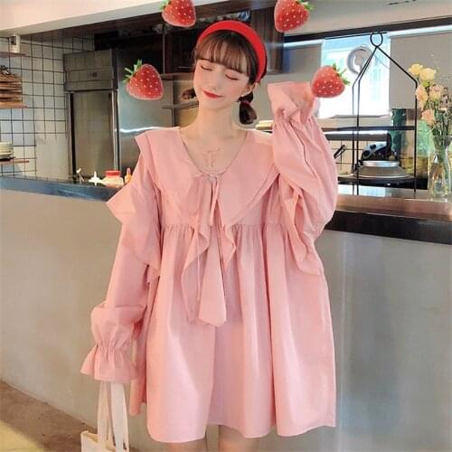 Japanese Chic Kawaii Casual Preppy Style Sweet Women Dress 2021 Spring Summer Peter Pan Collar Loose Small Fresh Women Dresses