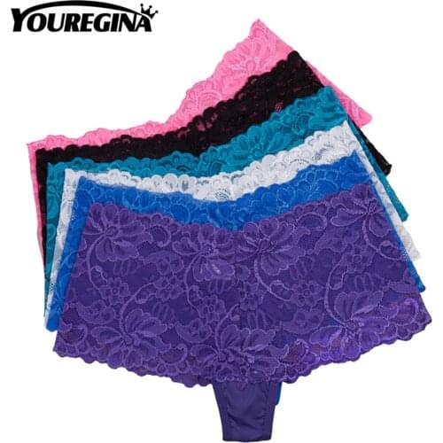 YOUREGINA Sexy Lace Panties Women Transparent Solid Pure Color Female Intimates Boxers Boyshorts 6pcs/lot Purple Black White MXL