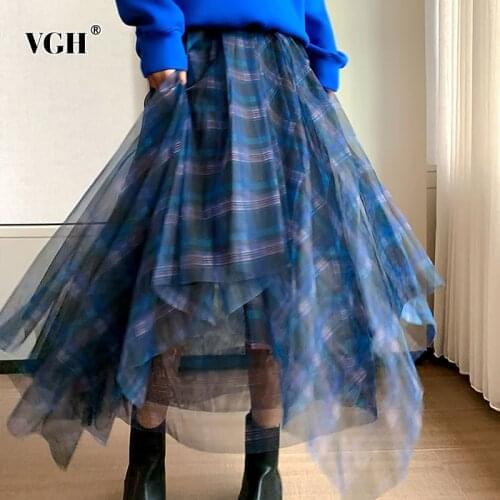 VGH Casual Plaid Patchwork Mesh Womens Skirts High Waist Hit Color Elegant A Line Skirt For Female 2020 Spring Fashion Clothing