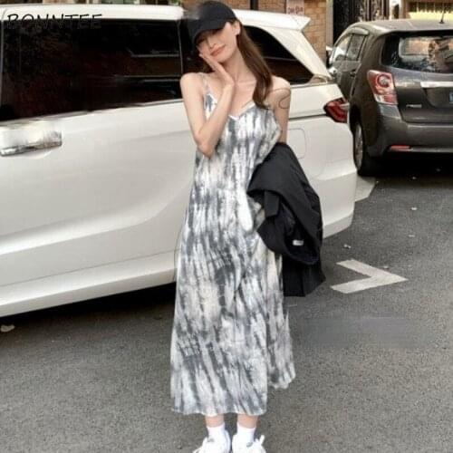 Sleeveless Dresses Womens Fashion Streetwear Tie Dye Ladies Summer Simple French Style Vintage All-match Casual Students V-neck