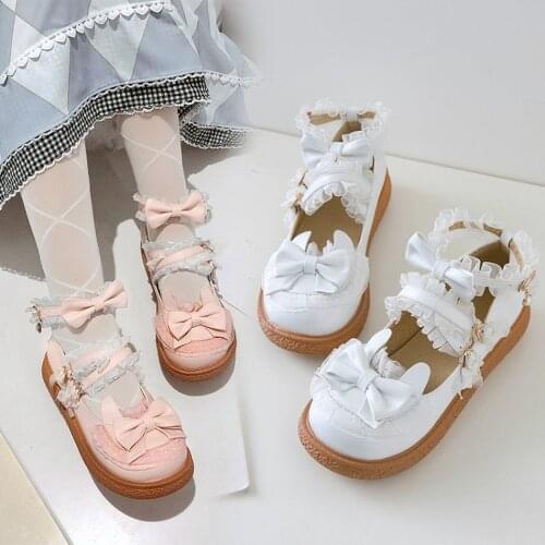 Womens Lolita Round Toe Bowknot Lace Kawaii Cosplay Shoes Low Heel Plus Size 34-43 Mary Janes Sweet 3Colors Girls New 2022