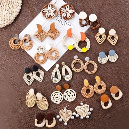 AENSOA Trendy Handmade Rattan Pendent Earrings For Women Unique Bohemia Weave Drop Earrings Fashion Jewelry Summer