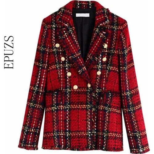 Vintage Double Breasted Tweed Blazer Women Notched Collar Long Sleeve Plaid blazer coat 2021 casual office suit jacket