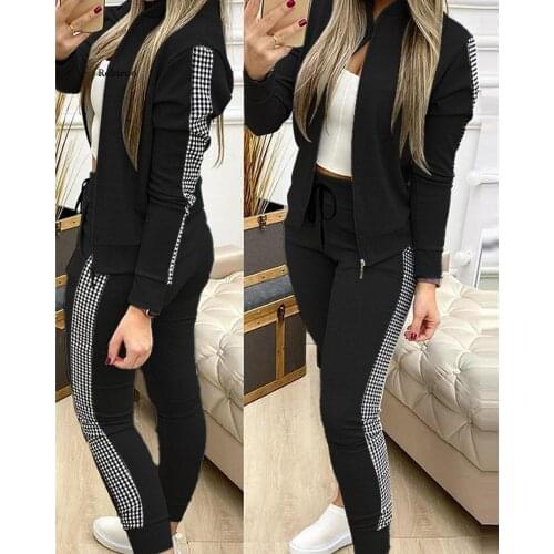 Womens Stitching Plaid Casual Suit Autumn Lace Up Slim Fit Pencil Pants + Long Sleeve Zipped Stand Collar Coat Suit