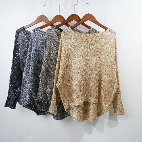 Cakucool Women Gold Lurex Knit Pullover Silver Thread Long Batwing Sleeved Slash Neck Shirts Loose See Through Shirt Top Female