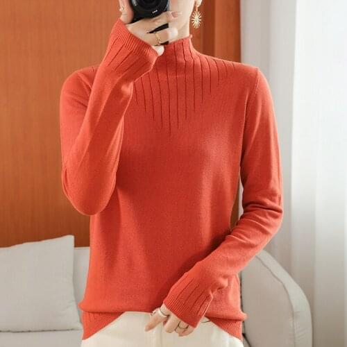 Fall/winter new style pure cotton long-sleeved sweater women half high neck loose solid color large size knitted pullover