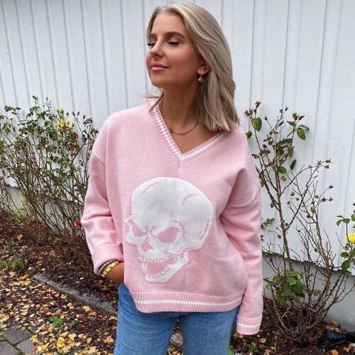 Vintage Gothic Harajuku College Style Skull Knitted Sweater Women Top For Fall And Winter 2021 New V-Neck Sweater Women Pullover