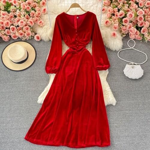 Autumn Vintage Red Velvet Maxi Dress Women Elegant V-Neck Puff Sleeve High Waist A-Line Slim Party Long Robe Female Vestido 2021