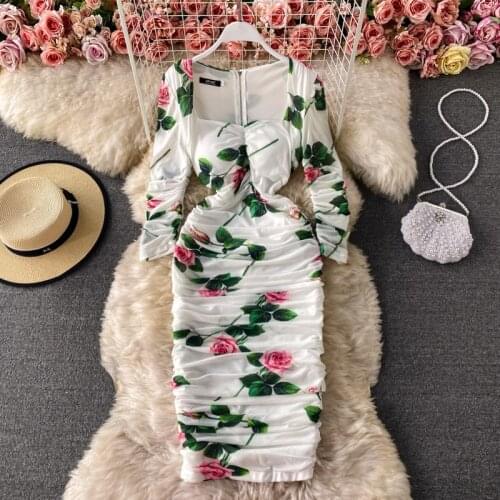 2021 Summer Ruched Stretch Women Midi Sheath Dress Bodycon Sexy Square Collar Rose Floral Print Elegant Party Vestidos 8 Colors