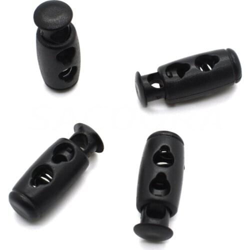 200pcs/pack 2 hole Cord Lock Cylinder Barrel Toggle Stopper Plastic Black Size: 23mm*9mm toggle clip