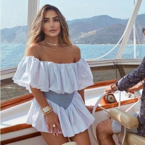 Ailigou 2021 New Summer Two-Piece Suit One-Way Neck Ruffle Top Lady Elegant Ruffled Lady Tight Sexy Celebrity Party Suit