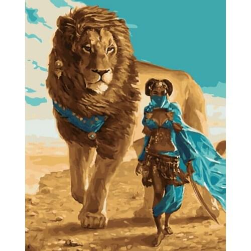 Frameless oil paintings by numbers paint by number for home decor oil picture painting 5065 lion and girl