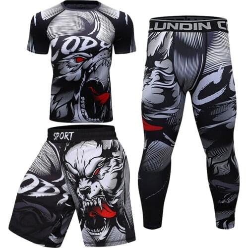 BJJ KickBoxing Hungry Wolf MMA Rashguard Jiu Jitsu Men T Shirt+Pants Boxing Jerseys Muay Thai Shorts Tights Fitness Sport Suit