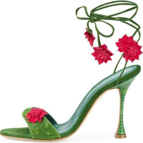 Bright Red Flowers Straps Green Leather Sandals Wood Grain Wine Cup Heels Women Open Toe Female Leg Bandage High Heels Sandalias