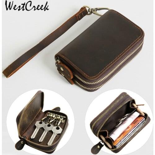 Genuine Leather Key Case Vintage Leather Car Key Holder Wallets Organizer Housekeeper Pouch Men Large