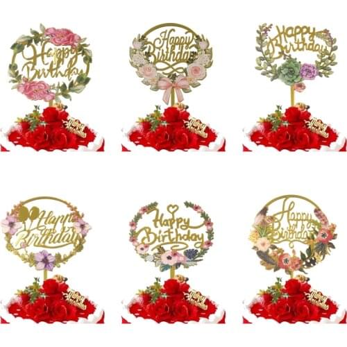 Flower Color Printing Golden Acrylic Birthday Party Cake Baking Decoration