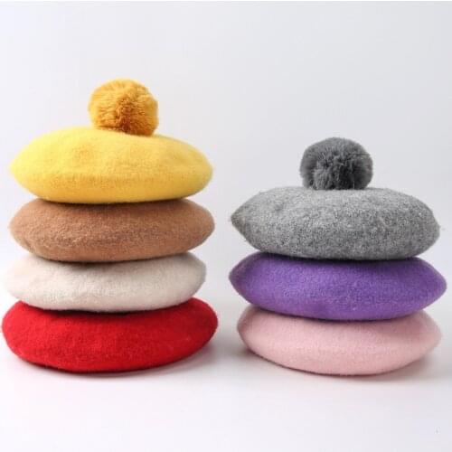 Children Pompoms Beret Hat Solid Color Octagonal Cap Girls Winter Wool Painter Hats For 1-3 Years kids
