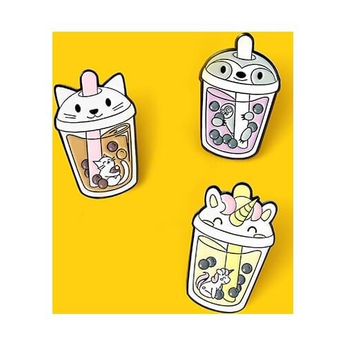 Animals Who Love Milk Tea Enamel Pins Cute Cats And Dogsbag Brooches Lapel Pin Badge Metal Jewelry Gift For Women Wholesale