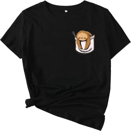 Mikialong Cartoon Sloth Pocket T Shirt Women Cotton Short Sleeve Funny Tshirts Women Top Cute Graphic Tee Women