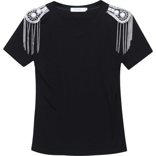 Street Style Black V-Neck T-Shirt Women Summer Short Sleeve Tassel Epaulettes Personality Tees Fashion Slim Tops 6605