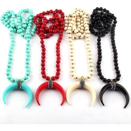 MOODPC Fashion Bohemian Jewelry Pfm Glass Long Knotted Ox Horn Moon Pendant Necklaces For Women