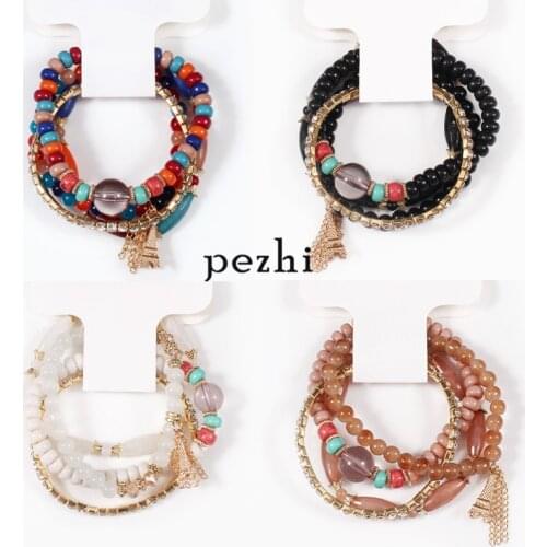 New four-piece retro multi-colored colored stone beads bracelet Eiffel Tower pendant alloy tassel female bracelet bohemian cryst