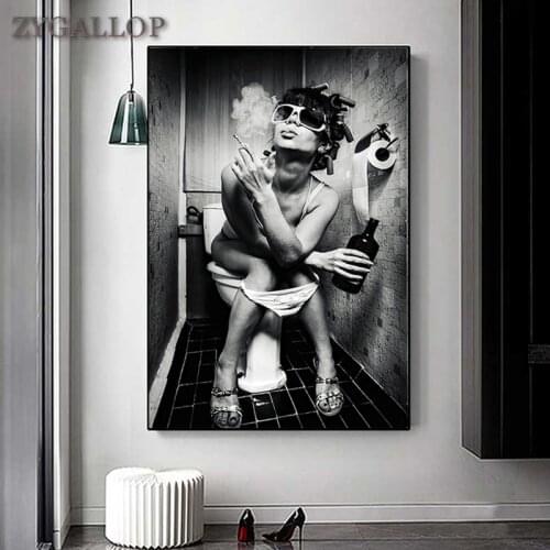 Drink and Smoking Woman Canvas Painting Sexy Beauty Posters and Prints Pub Bar Decoracion Painting Creative Toilet Wall Pictures