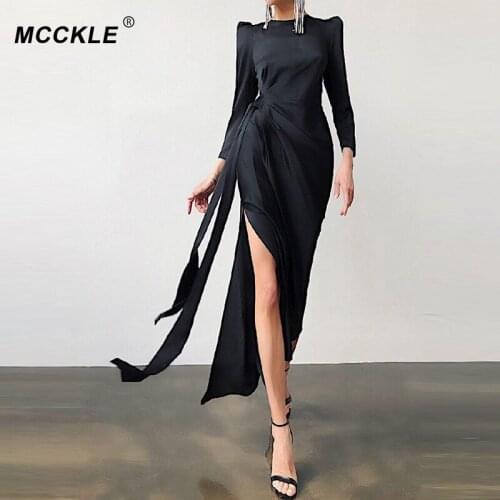 Solid Satin Splite Maxi Dress Women O Neck Long Sleeve Slim Female Dresses Bandage Pleated Office Lady Elegant Vestido Autumn