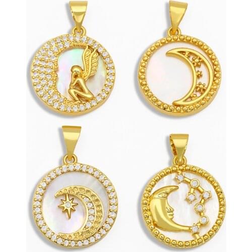 OCESRIO DIY Gold Moon Pendant White Stone Star Round Necklace Pendant Supplies For Handmade Jewelry Making Accessories pdta094