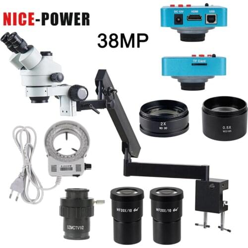 38MP HDMI 3.5X-180X Zoom Focal Industrial Trinocular Stereo Microscope Articulating Arm Pillar Clamp Video Camera With TF Slot