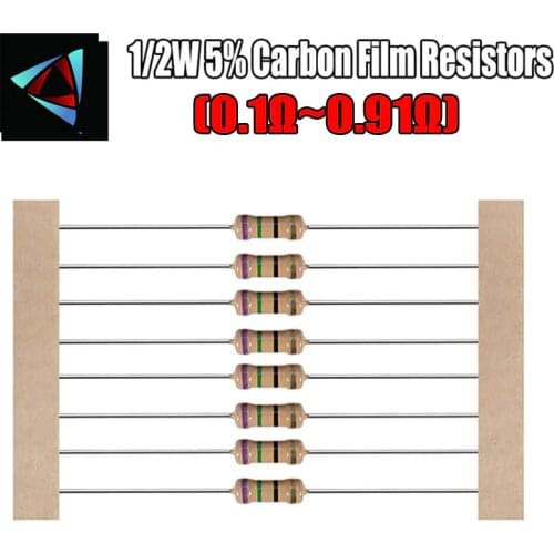 100pcs 1/2W 5% ROHS Carbon Film Resistors 0.1 0.12 0.15 0.18 0.2 0.22 0.24 0.27 0.3 0.33 0.39 0.47 0.5 0.56 0.62 0.68 0.75 ohm
